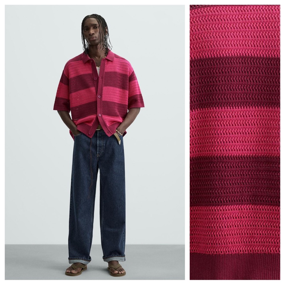 Zara Short-Sleeve Button Knit Shirt in Pink and Burgundy